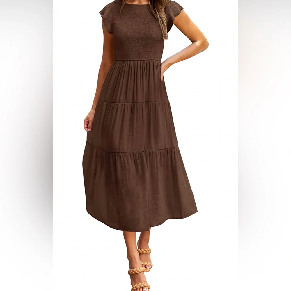 NWTCasual Flutter Short Sleeve Crew Neck Smocked Elastic Waist Tiered Midi Dress - Picture 4 of 6